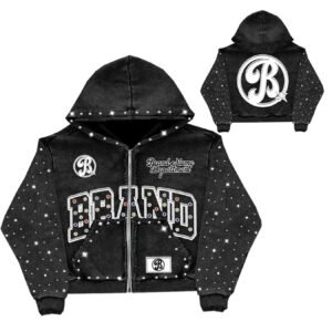 Custom Pure Cotton Street Style Zip Hoodie for Men with Applique Distressed Embroidery and Hot Fix Rhinestone Details Hoodie