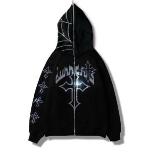 Women's and Men's Rhinestone Printed Hoodie Street Wear Fashion Hip Hop Crystal Full Zipper Hoodie Outside Unisex Hoodies