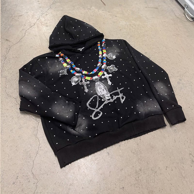 Custom Vintage Acid Wash Hoodie Rhinestone Pullover Hoodies High Quality Boxy Cotton Heavyweight Streetwear DTG Printed Hoodies - Image 2