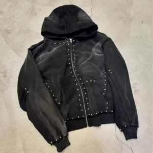 500gsm Black Rhinestone Zip Up Hoodie Men Oversized Autumn Hooded Hoodie Sun Faded Acid Wash Look