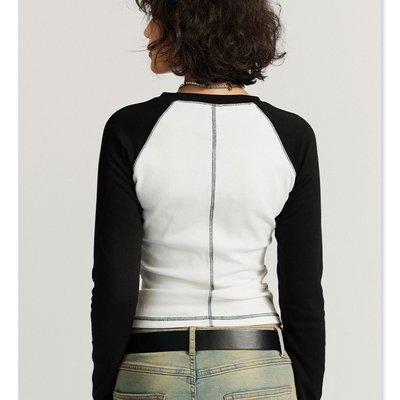 5xl 4xl 3xl 100 Cotton Long Sleeve T Shirts O-Neck Collar Women'S Y2k Vintage Contrast Raglan White - Image 4