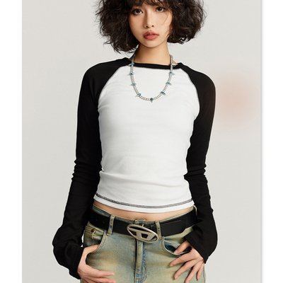 5xl 4xl 3xl 100 Cotton Long Sleeve T Shirts O-Neck Collar Women'S Y2k Vintage Contrast Raglan White - Image 3