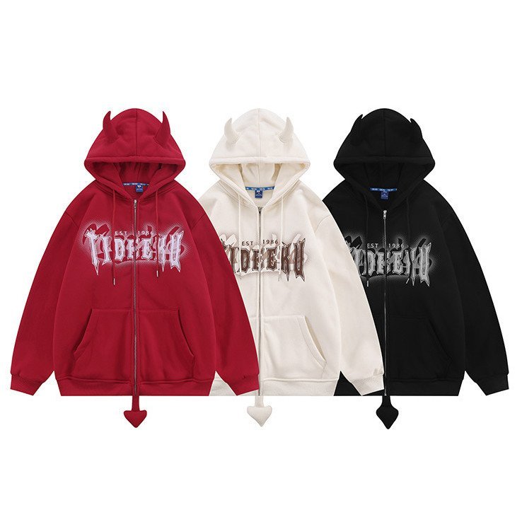 8oz 12 Ounce Zipped Hooded Sweatshirt Devil Horn Printed Fleece Blank Unisex Couple Men Oversized Full Zip Up Pullover - Image 7