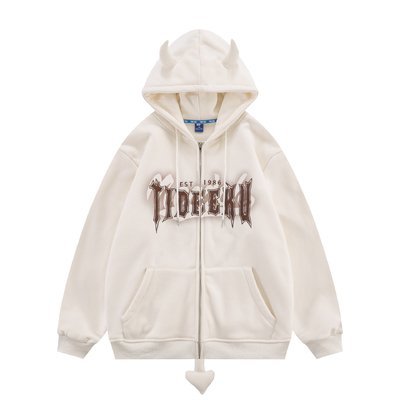 8oz 12 Ounce Zipped Hooded Sweatshirt Devil Horn Printed Fleece Blank Unisex Couple Men Oversized Full Zip Up Pullover - Image 4