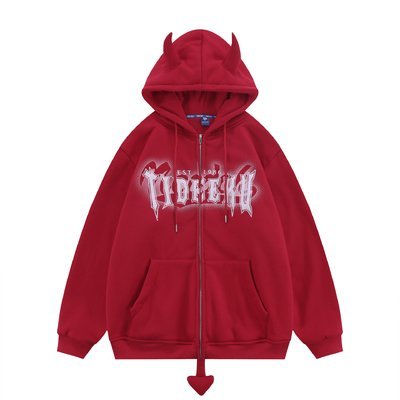 8oz 12 Ounce Zipped Hooded Sweatshirt Devil Horn Printed Fleece Blank Unisex Couple Men Oversized Full Zip Up Pullover - Image 5