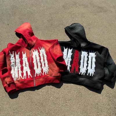Blank Custom Couple Embroidery Hoodie Sun Faded Patchwork Distressed Streetwear Hoodie - Image 4