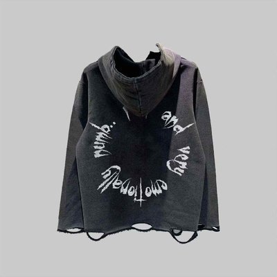 Cotton Distressed Hoodie Dtg Print Hoodie French Terry Pullover Ripped Cut Raw Hem Hoodie - Image 3