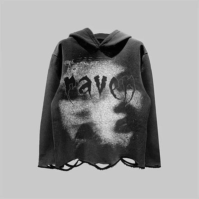 Cotton Distressed Hoodie Dtg Print Hoodie French Terry Pullover Ripped Cut Raw Hem Hoodie - Image 4