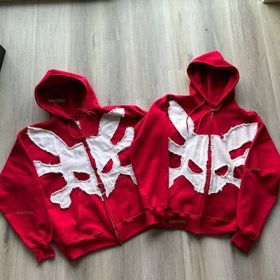 Cotton French Terry Embroidery Acid Wash Vintage Unisex Distressed Patch Applique Hoodies - Image 5