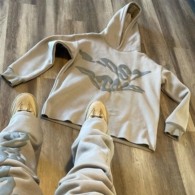 Cricket Cotton Tracksuit Custom Men'S Hoodie Set Puff Print Stacked Flared Pants - Image 3