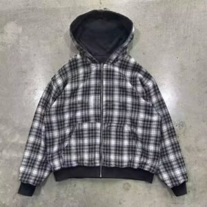Custom Acid Wash Embroidered Striped Flannel Zip Up Hoodie Jacket Double Layer Reversible Plaid Hoodie in 100% Cotton