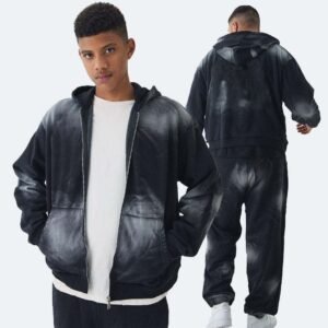 Custom Design Men's Hoodie Oversized Acid Wash Heavyweight Printing Black Full Zip up Cotton 500gsm Streetwear Hoodie for Men