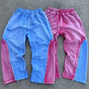Custom Double Waist Heavyweight Cotton Vintage Acid Wash Sweat Pants Distressed Rhinestone Wide Leg Sweatpants for Men