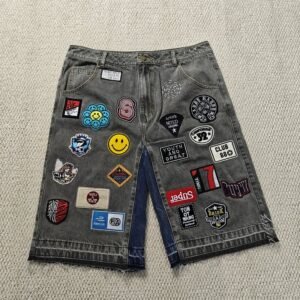 Custom Embroidery Patches Logo Baggy Jorts Streetwear High Quality Raw Hem Vintage Denim Jean Shorts for Men