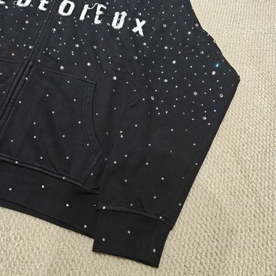 Custom French Terry 100% Heavy Cotton Zipper Distressed Embroidery Applique Zip up Rhinestone Men's Hoodies - Image 4