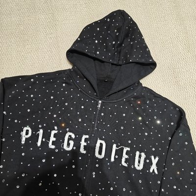 Custom French Terry 100% Heavy Cotton Zipper Distressed Embroidery Applique Zip up Rhinestone Men's Hoodies - Image 5