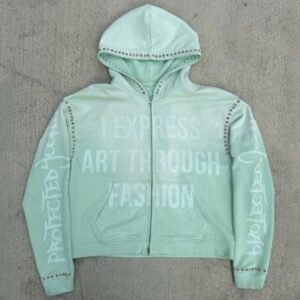 Custom Gemstone Zip Up Heavy Weight Hoodie Vintage Acid Washed Baggy Boxy Fit Cropped Rhinestone Hoodie