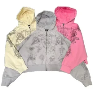 Custom Heavyweight High Quality Hot-Fix Rhinestone Zip-Up 100% Cotton Irregular Hem Loose Fit Zipper High Street Women's Hoodie