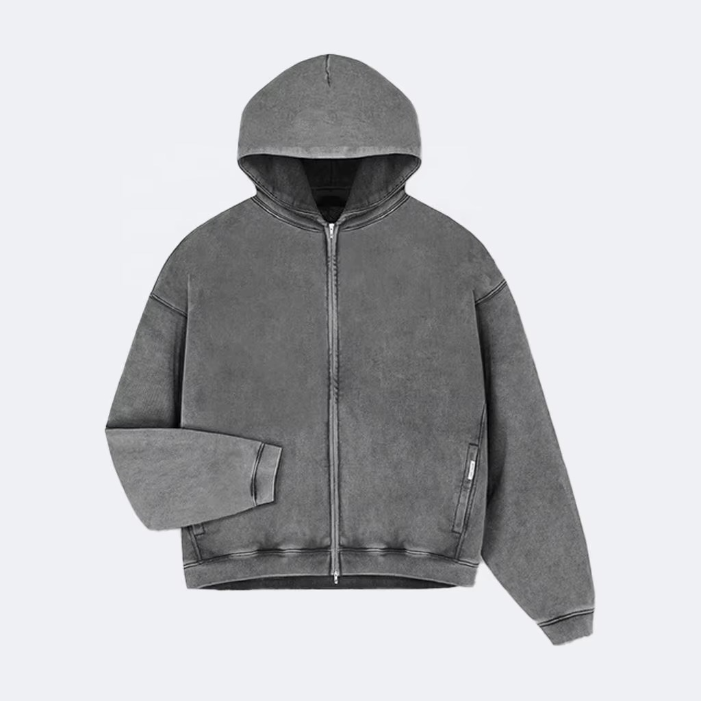 Custom Logo Men'S Acid Washed Hoodie With Oversize Zipper and Drop Shoulder Heavyweight Pullover With Print Pattern - Image 4