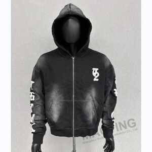 Custom Logo Oversized Boxy Fit Cropped Zip Up Hoodies Heavyweight Vintage Washed Distressed Embroidery Hoodie