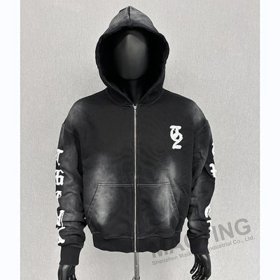 Custom Logo Oversized Boxy Fit Cropped Zip Up Hoodies Heavyweight Vintage Washed Distressed Embroidery Hoodie