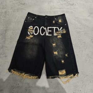 Custom Manufacturer Jorts Printed Short Jeans Streetwear Vintage Black Washed Baggy Denim Shorts for Men