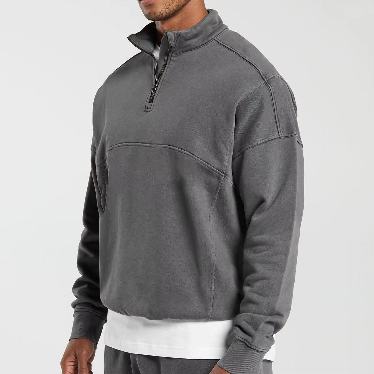 Custom Men'S Acid Washed Sweatshirt Pullover Cotton Drop Shoulder 1/4 Zip Functional Oversized Heavyweight Sweatshirt for Men - Image 2