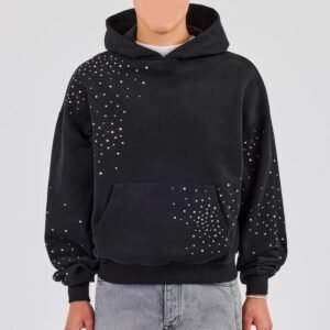 Custom Pullover Hoodie Men Streetwear Embroidery Logo Vintage Acid Wash Oversized Drop Shoulder Rhinestone Hoodie
