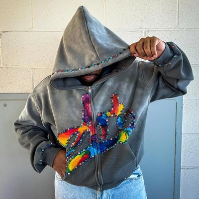 Custom Rhinestone Zip Up Hoodie 450 gsm Thick Heavy Weight Screen Printing Logo Zipper Hoodies Men