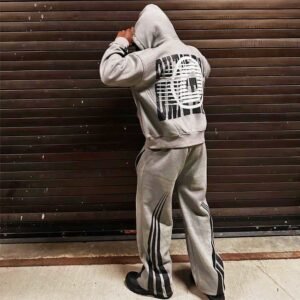 Custom Screen Print Rhinestone Tracksuits Zipper Acid Wash Sweatsuit Vintage Hoodie Track Sweatpants and Hoodie Set for Men