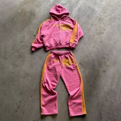 Custom Screen Printing Logo Stripes Tracksuit Vintage Acid Washed Zip Up Hoodie And Jogger Sweat Pant - Image 5