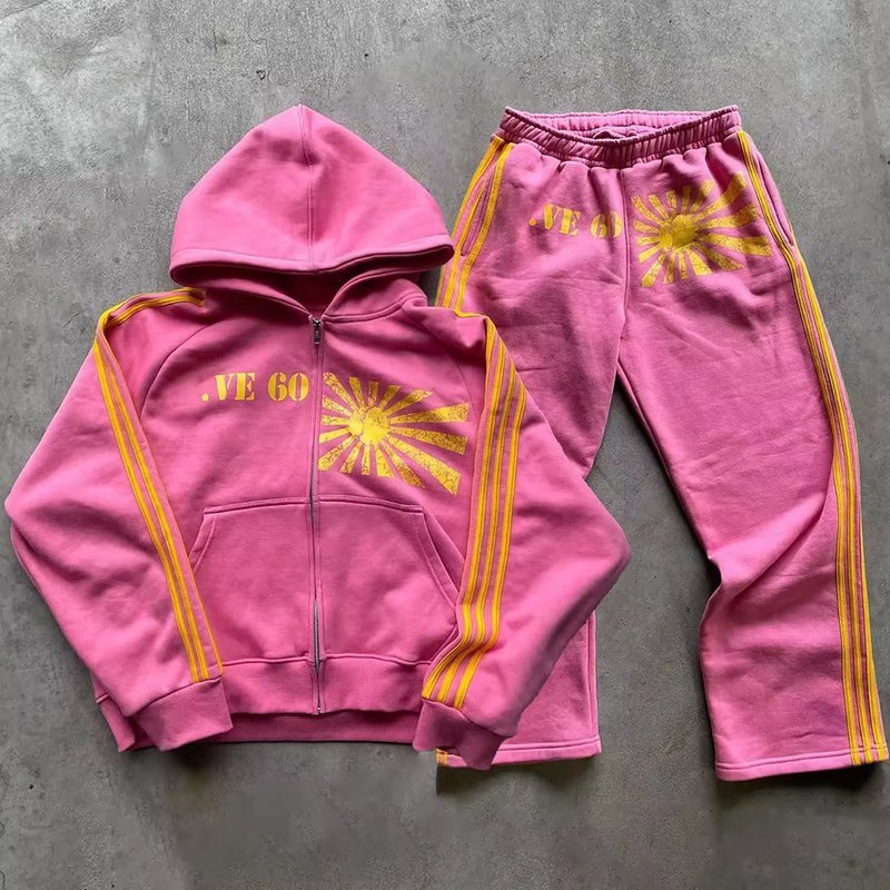 Custom Screen Printing Logo Stripes Tracksuit Vintage Acid Washed Zip Up Hoodie And Jogger Sweat Pant - Image 4