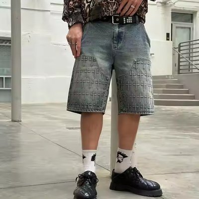 Custom Spray Washed Men Streetwear 3D Embossing Jorts Baggy Men's JHalf Short Jeans Carpenter Denim Jean Shorts - Image 2