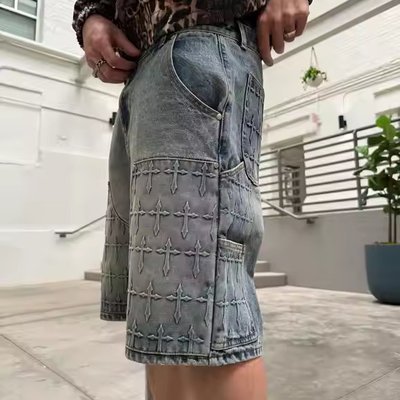 Custom Spray Washed Men Streetwear 3D Embossing Jorts Baggy Men's JHalf Short Jeans Carpenter Denim Jean Shorts - Image 3