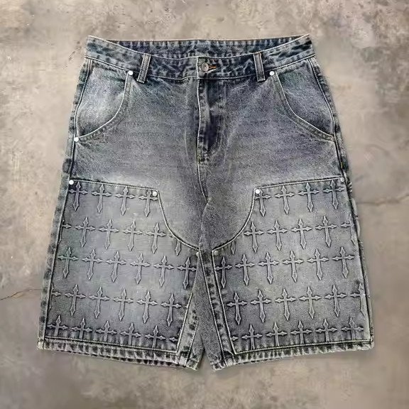 Custom Spray Washed Men Streetwear 3D Embossing Jorts Baggy Men's JHalf Short Jeans Carpenter Denim Jean Shorts - Image 6