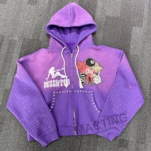 Custom Streetwear Vintage Washed Hoodies Sun Faded Patchwork Studded Rhinestone Boxy Cropped Zip up Hoodie for Men