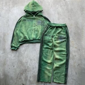 Custom Vintage Acid Wash Reverse Stitch Double Hood Hoodies And Sweatpants Set Mens Sweatsuit Jogging Set Track Suit for Men