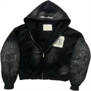 Custom Vintage Distressed Zipper-Up Hoodie Front Logo Heart Pattern Unisex Adult Oversized Street Wear Moq10
