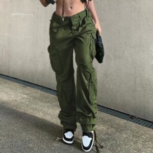 Custom Vintage High Waist Streetwear Pockets Trousers Baggy Casual Ladies Parachute Sports Cargo Pants for Women