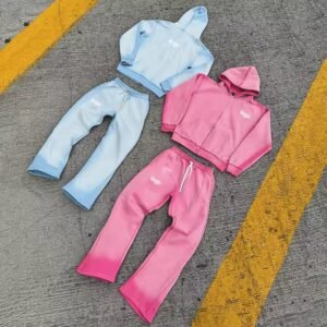 Custom Vintage Jogging Set Zip Up Acid Wash Tracksuit SweatsuitsHoodie and Flared Sweatpants Track Suit for Men