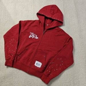 Custom Washed Red Hoodie Distressed Embroidery Cotton French Terry Gemstone Pearls Oversized Boxy Zip Up Hoodies for Men