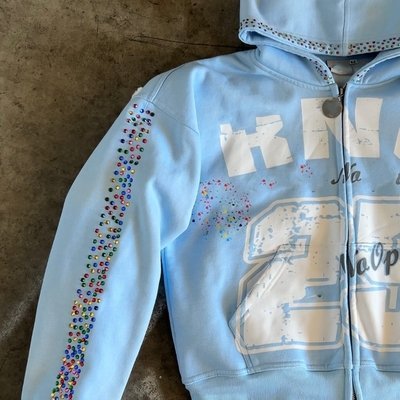Custom Women Men Unisex 100% Cotton Heavyweight 500 Gsm Silk Screen Printing Oversize Boxy Zip up Rhinestone Hoodie - Image 2