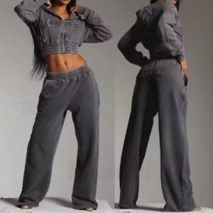 Custom Women Sweatsuit Acid Wash Zip Applique Distressed Embroidery Patch Cropped Hoodie and Sweatpants