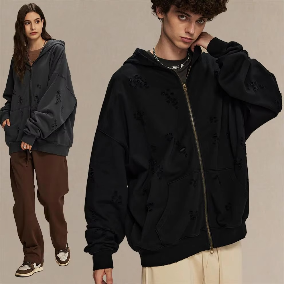 Customized 450 Gsm High-quality Cropped Acid Wash Zip Hoody Black Oversized Distressed Zip up Hoodie - Image 2