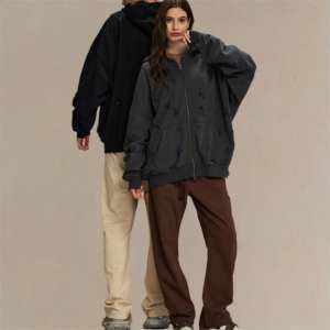 Customized 450 Gsm High-quality Cropped Acid Wash Zip Hoody Black Oversized Distressed Zip up Hoodie