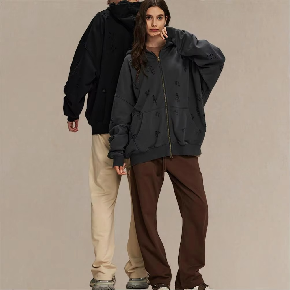 Customized 450 Gsm High-quality Cropped Acid Wash Zip Hoody Black Oversized Distressed Zip up Hoodie