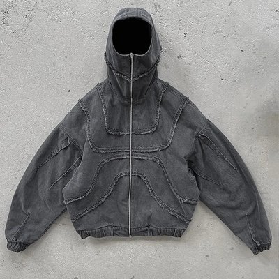 Customized Zipper Stone Washed Distressed 100% Cotton Canvas Zip Up Hoodies for Men