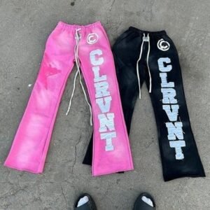 Flared Mens Sweatpants Black Oversized Cut Raw Hem Acid Wash Sunfaded Embroidery Patch