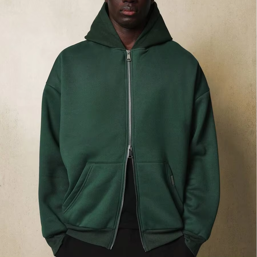 Green Terry Fleece Zip-Up Hoodie With Embroidered Letters Oversized Pullover With Hood Pocket Design Washed 3D Print for Autumn