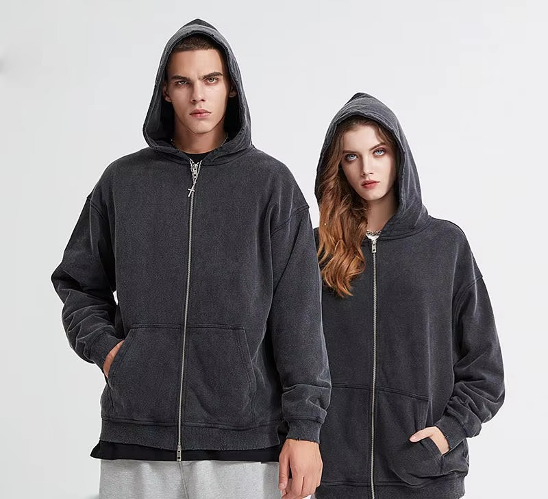 Heavyweight Black Zip up Hoodies Custom Oversized 100% Cotton Acid Washed Vintage Zip up Hoodie - Image 2